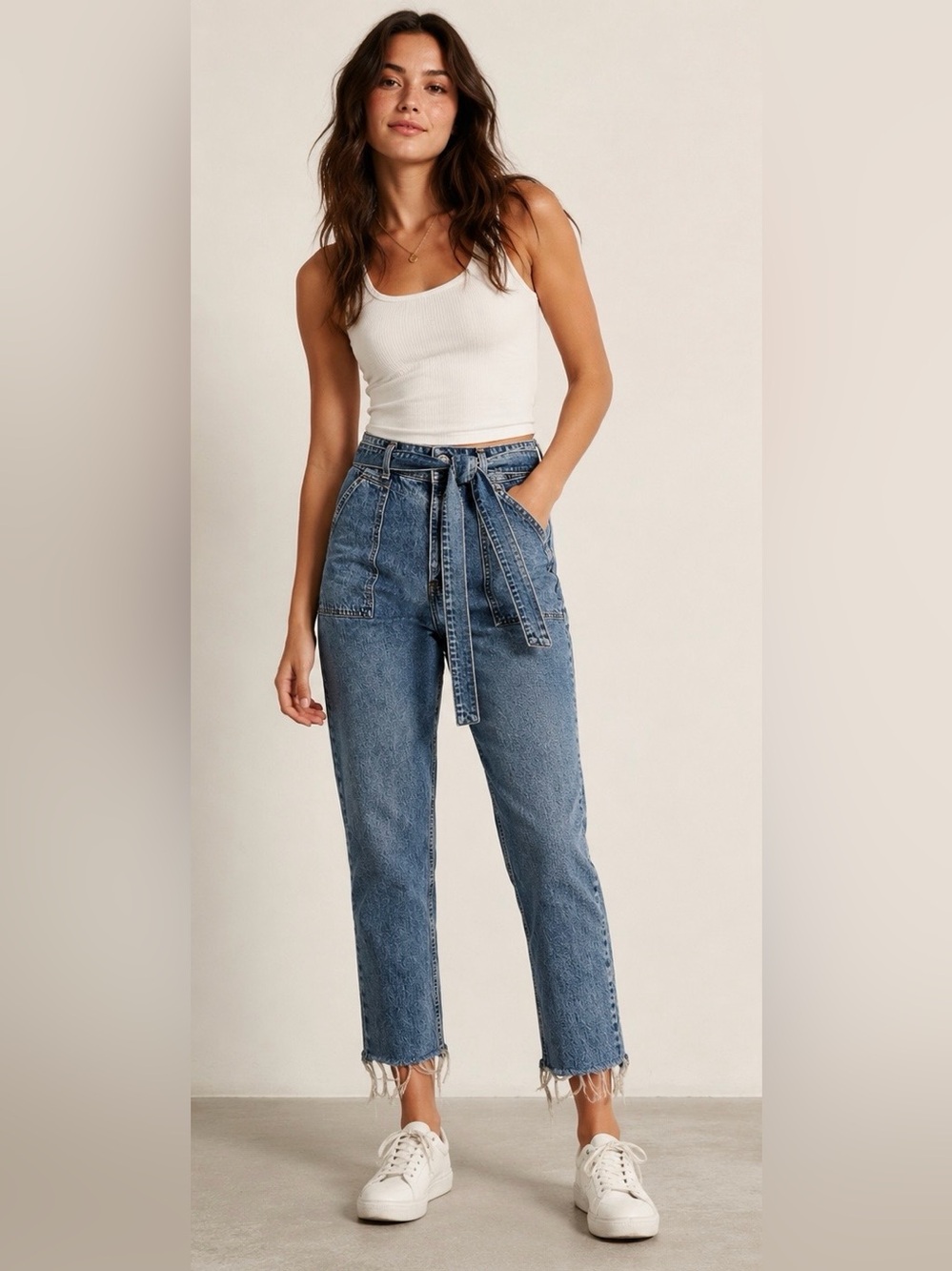 Abercrombie & Fitch High-Rise Straight-Leg Blue Jeans with Tie Belt